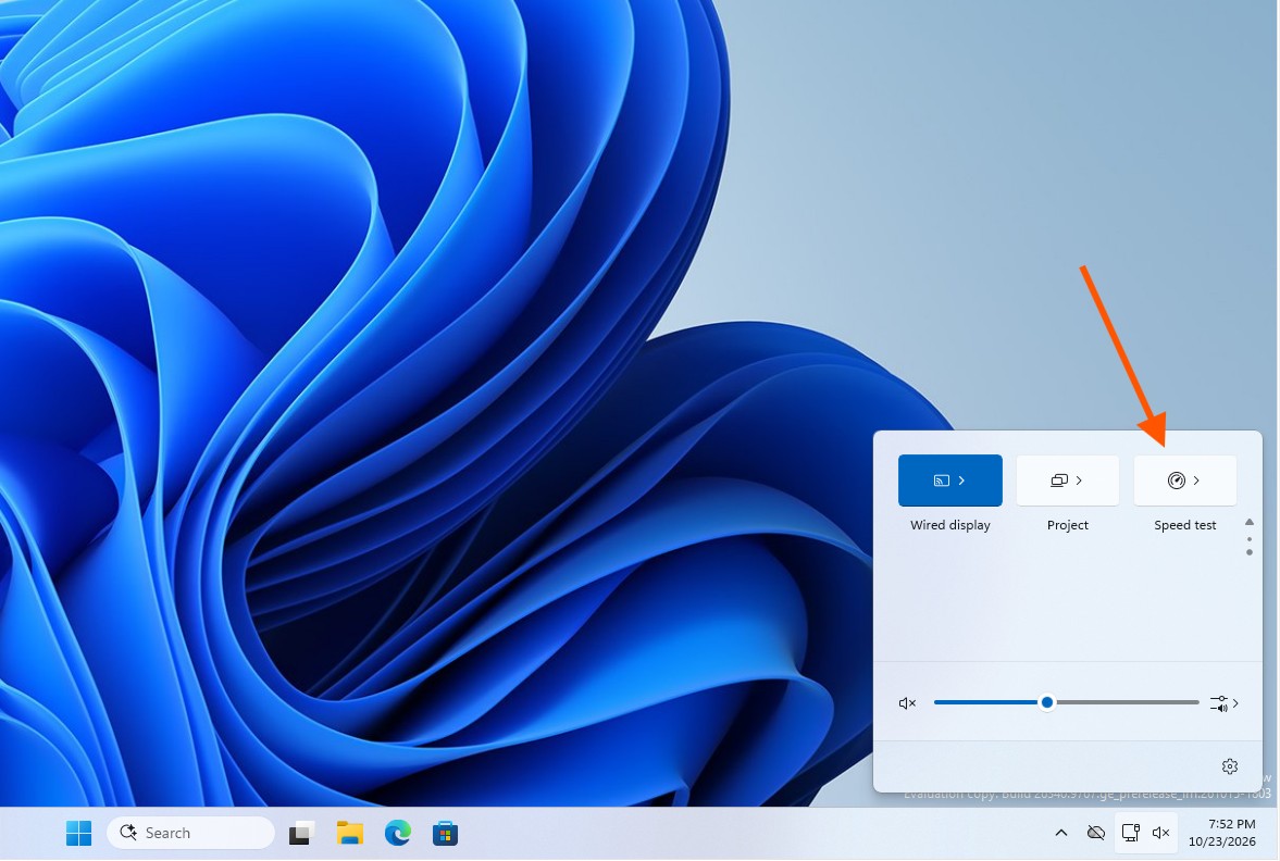 Плитка проверки скорости сети в меню быстрых настроек Windows 11